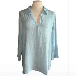 Antibes Blanc Light Blue 100% Linen V-Neck 3/4 Sleeve Collared Top